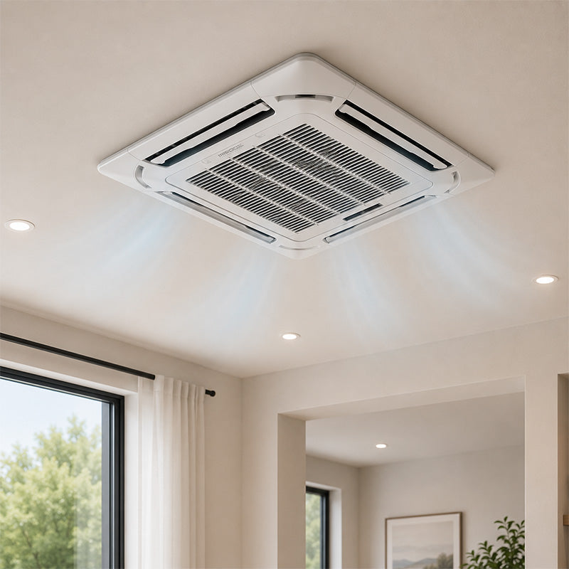 MRCOOL Olympus ceiling cassette mini split indoor unit installed in modern living room with subtle cooling airflow