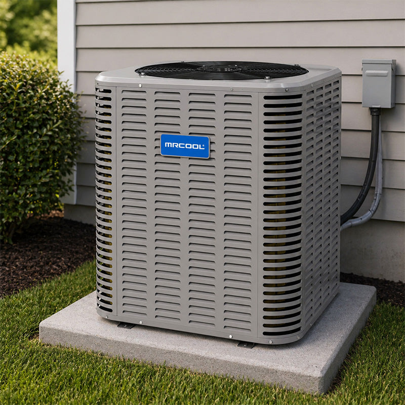 MRCOOL Signature straight cool air conditioning condenser installed on a condsenser pad next to a home