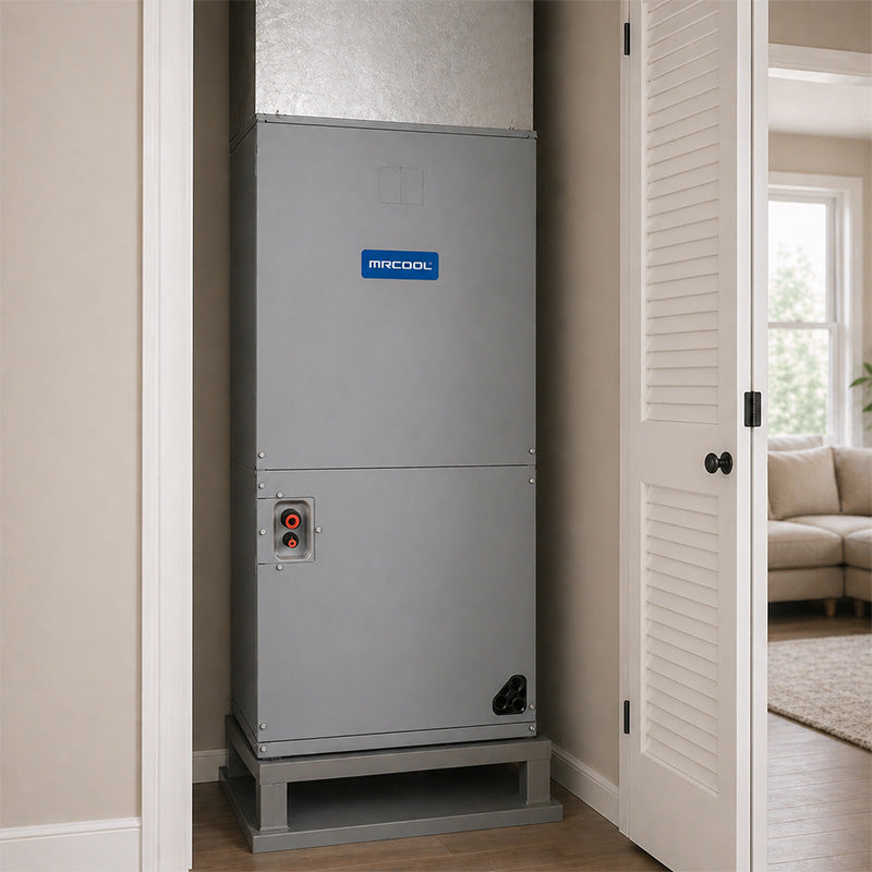 MRCOOL Signature multi-position air handler installed in residential closet with ductwork on raised platform