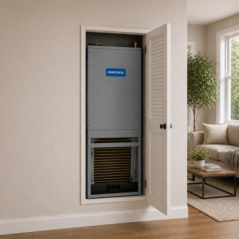 MRCOOL wall-mounted air handler installed inside wall cavity with open access door in home interior